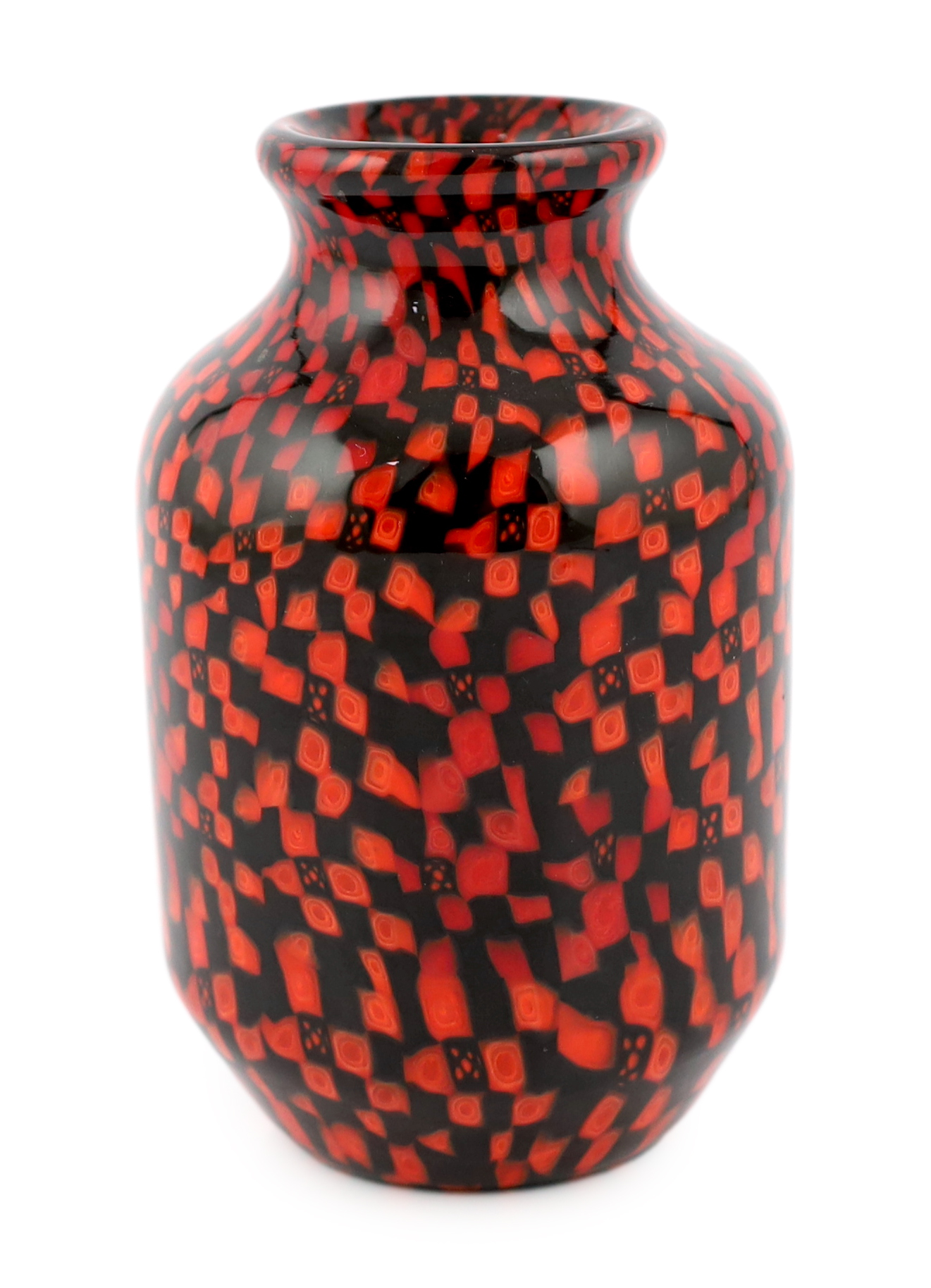 Vittorio Ferro (1932-2012) A Murano glass Murrine vase, in red and black, signed, 19cm, Please note this lot attracts an additional import tax of 20% on the hammer price